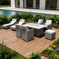 9-Piece Outdoor Gray Wicker Outdoor Patio Conversation Set Fire Pit Included with Gray Cushions