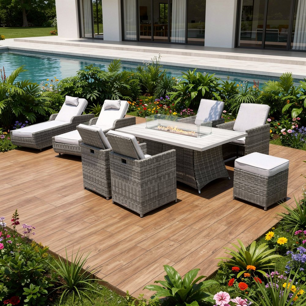 9-Piece Outdoor Gray Wicker Outdoor Patio Conversation Set Fire Pit Included with Gray Cushions