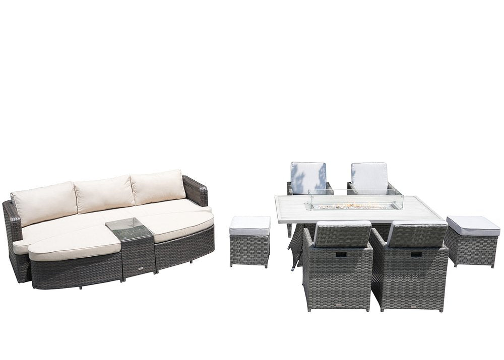 9-Piece Gray Wicker Outdoor Patio Conversation Set with Fire Pit & Table