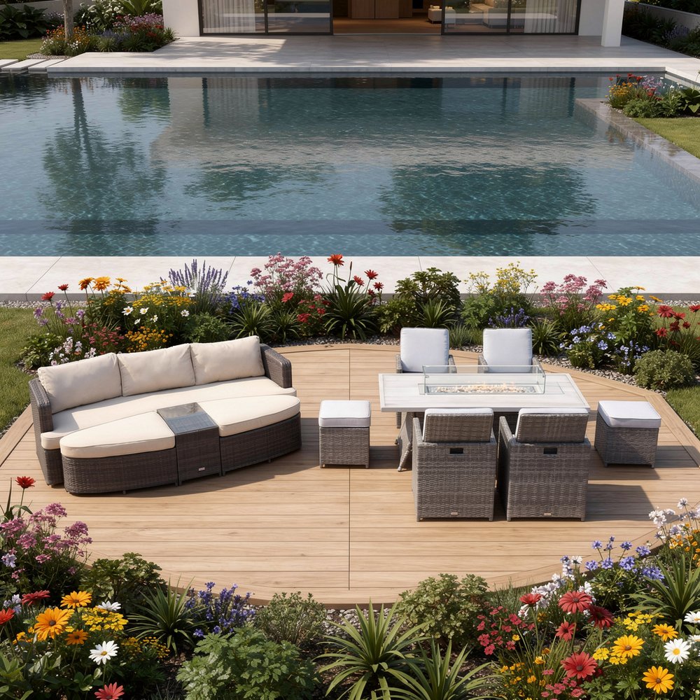 9-Piece Gray Wicker Outdoor Patio Conversation Set with Fire Pit & Table