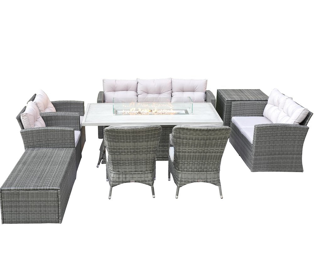 9-Piece Gray Wicker Outdoor Patio Conversation Set with Fire Pit & Table