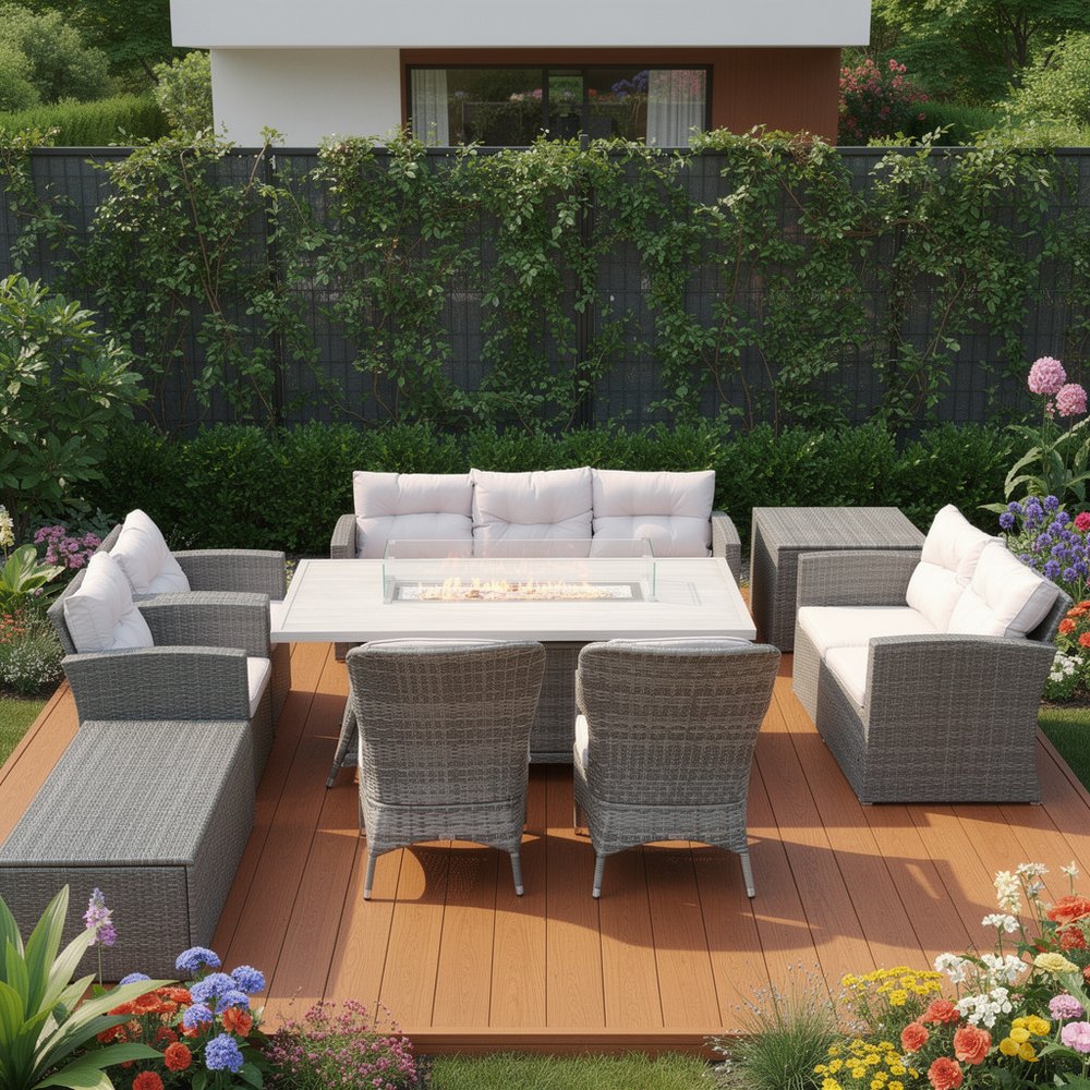 9-Piece Gray Wicker Outdoor Patio Conversation Set with Fire Pit & Table