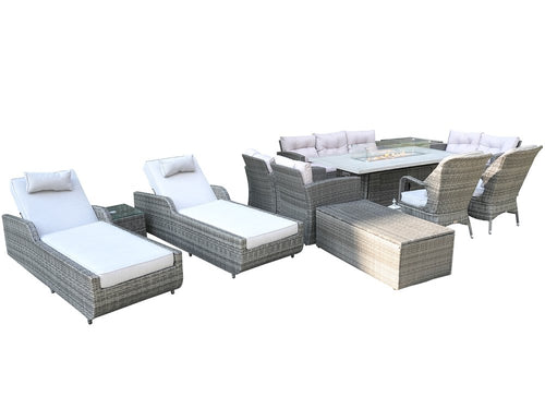 12-Piece Gray Wicker Outdoor Patio Conversation Set with Fire Pit & Table