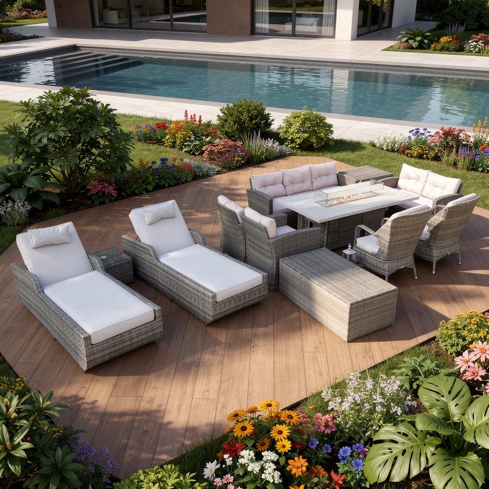 12-Piece Gray Wicker Outdoor Patio Conversation Set with Fire Pit & Table