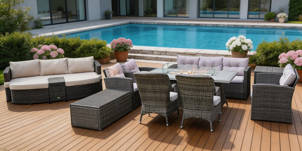 11-Piece Gray Wicker Outdoor Patio Conversation Set with Fire Pit & Table