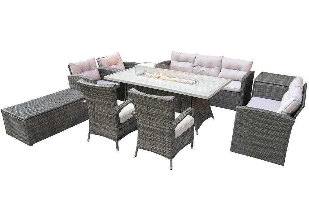 9-Piece Gray Wicker Outdoor Patio Conversation Set with Fire Pit & Table