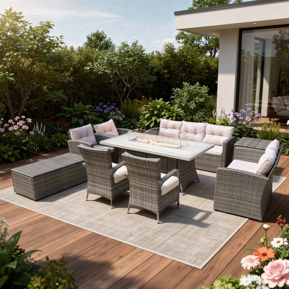 9-Piece Gray Wicker Outdoor Patio Conversation Set with Fire Pit & Table