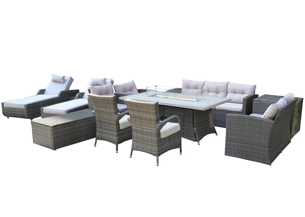 12-Piece Gray Wicker Outdoor Patio Conversation Set with Fire Pit & Table