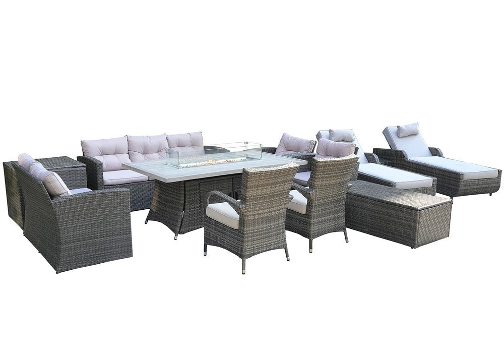 12-Piece Gray Wicker Outdoor Patio Conversation Set with Fire Pit & Table