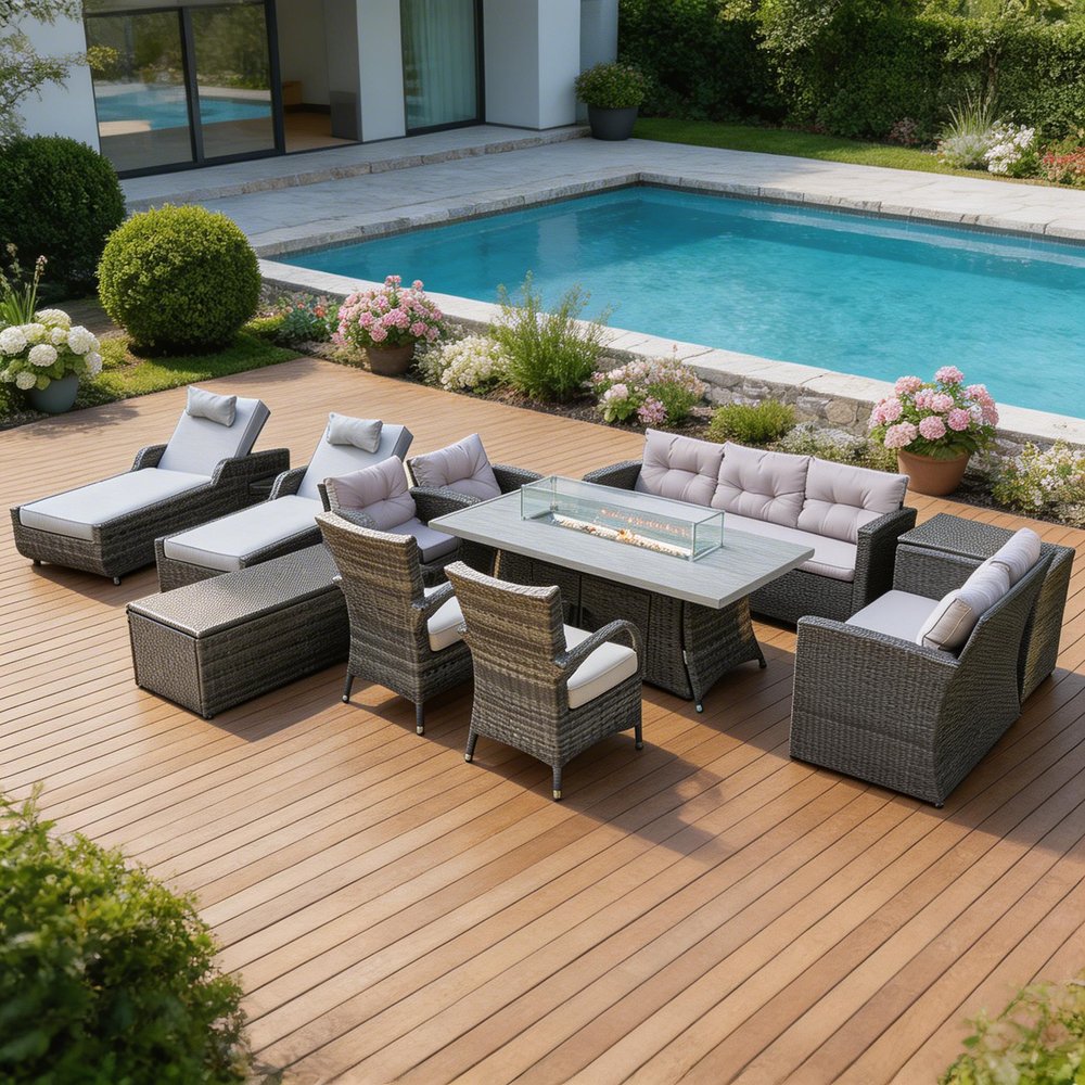 12-Piece Gray Wicker Outdoor Patio Conversation Set with Fire Pit & Table