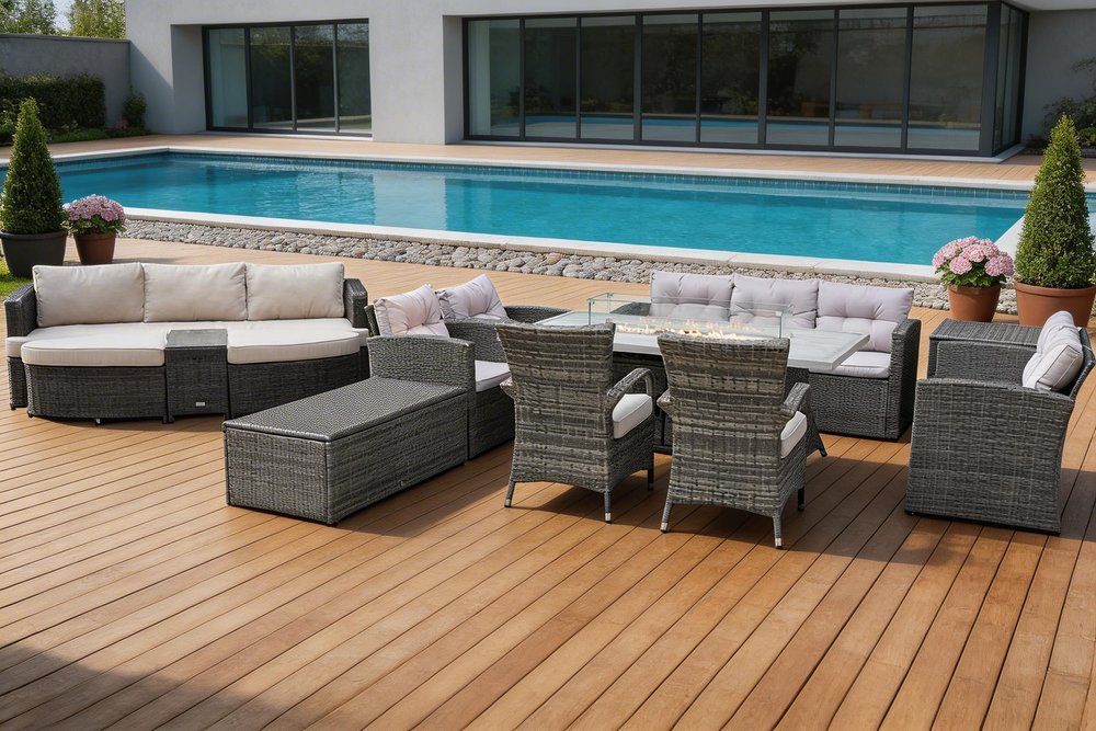 11-Piece Gray Wicker Outdoor Patio Conversation Set with Fire Pit & Table