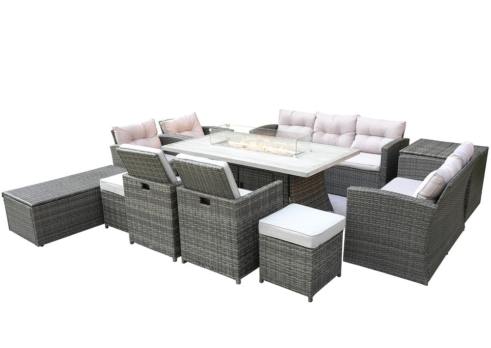 11-Piece Gray Wicker Outdoor Patio Conversation Set with Fire Pit & Table