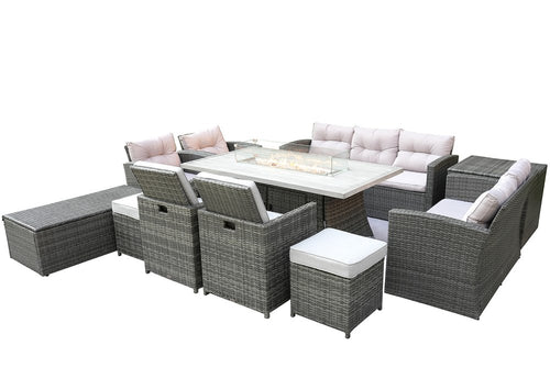 11-Piece Gray Wicker Outdoor Patio Conversation Set with Fire Pit & Table
