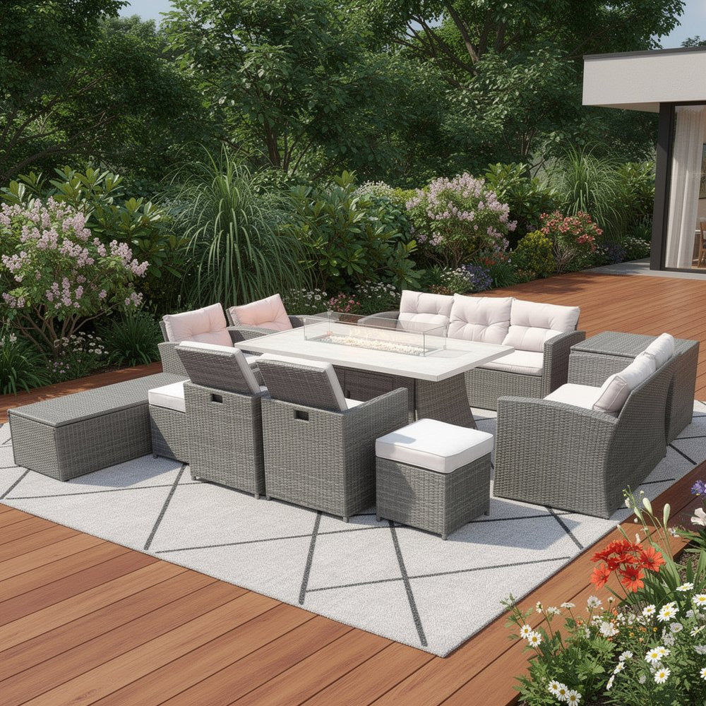 11-Piece Gray Wicker Outdoor Patio Conversation Set with Fire Pit & Table