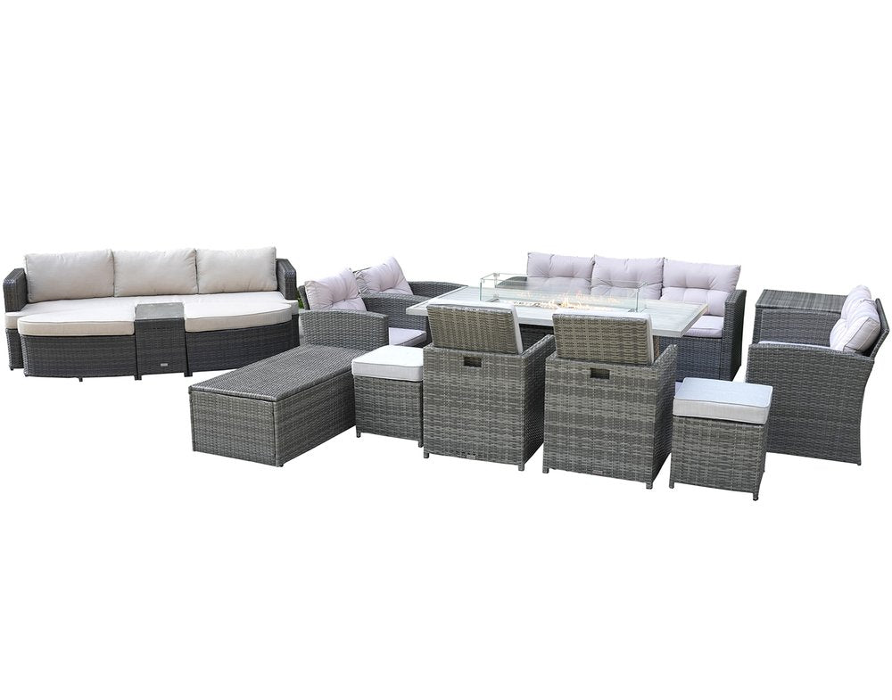 12-Piece Gray Wicker Outdoor Patio Conversation Set with Fire Pit & Table