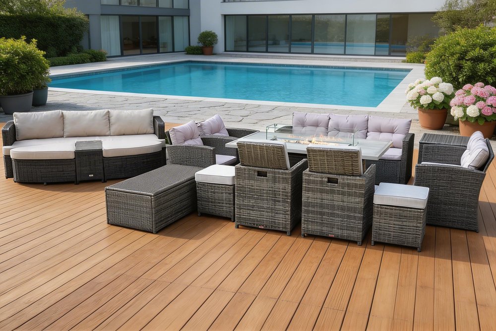 12-Piece Gray Wicker Outdoor Patio Conversation Set with Fire Pit & Table
