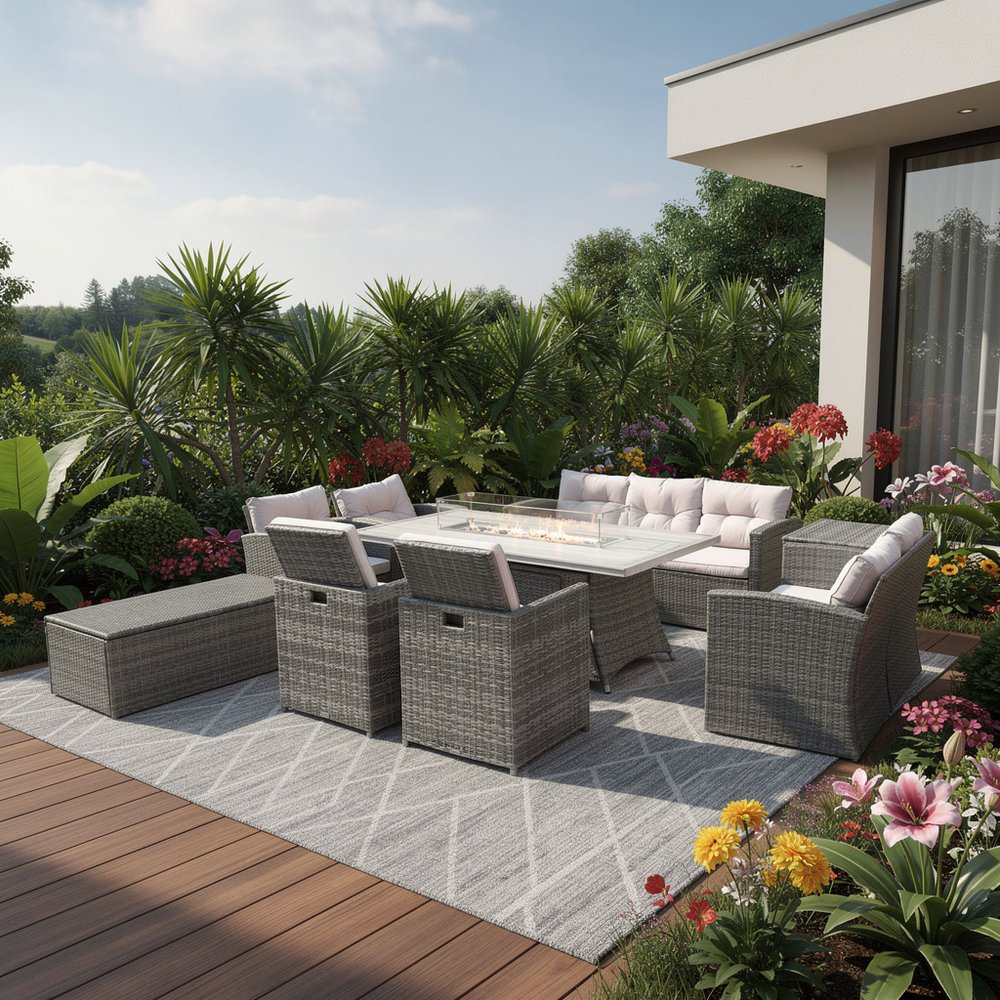 9-Piece Gray Wicker Outdoor Patio Conversation Set with Fire Pit & Table