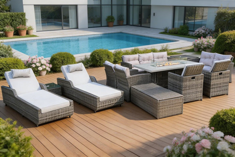 12-Piece Gray Wicker Outdoor Patio Conversation Set with Fire Pit & Table
