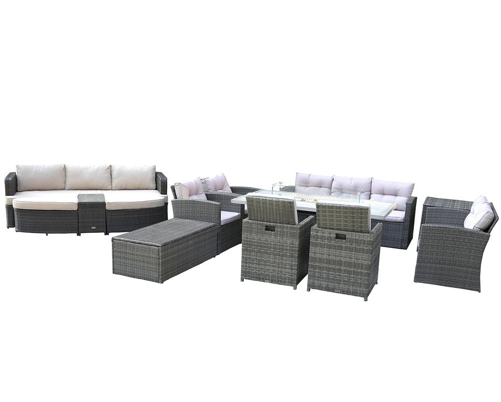 11-Piece Gray Wicker Outdoor Patio Conversation Set with Fire Pit & Table