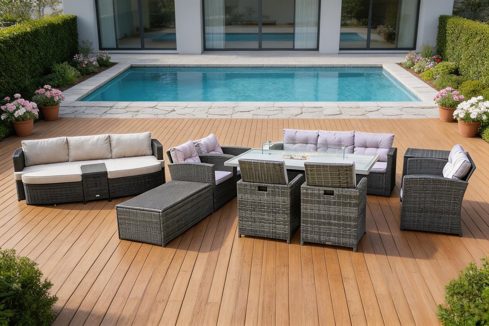 11-Piece Gray Wicker Outdoor Patio Conversation Set with Fire Pit & Table