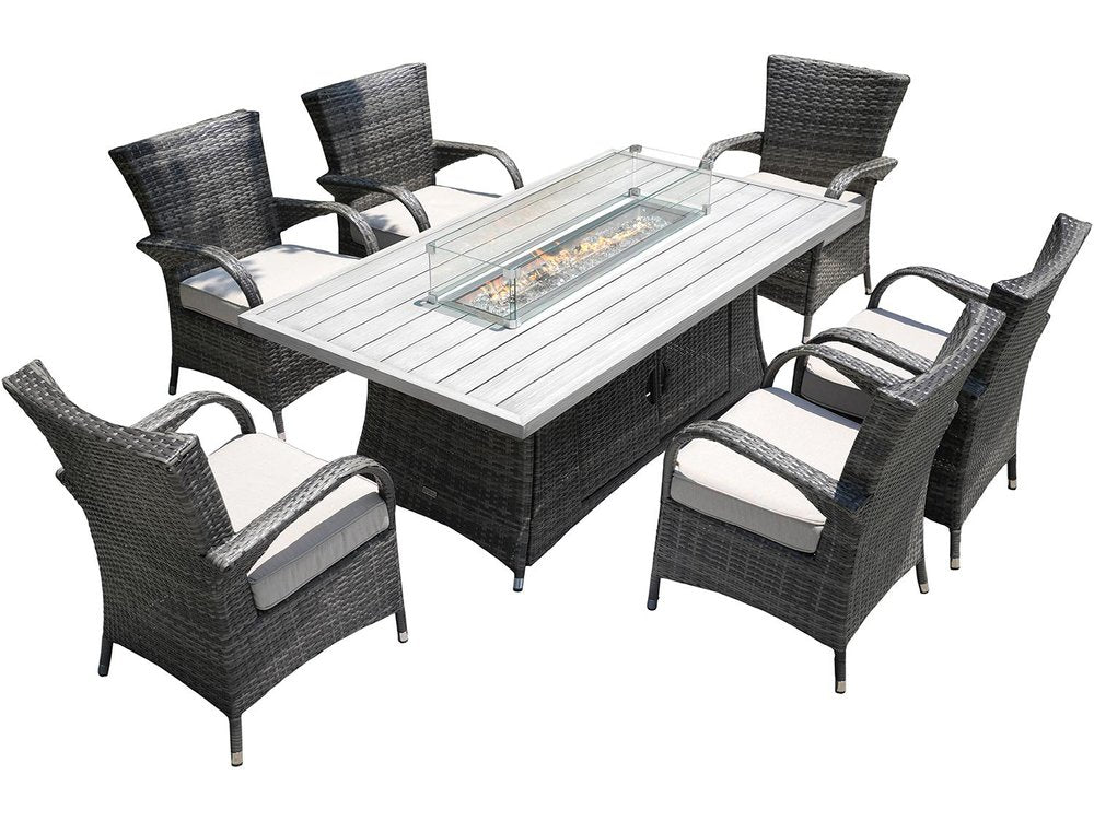 7-Piece Gray and Beige Wicker Outdoor Patio Conversation Set with Fire Pit & Table