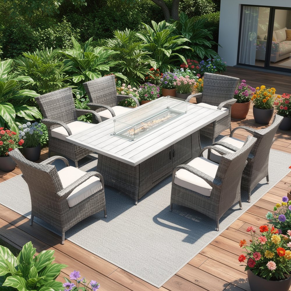 7-Piece Gray and Beige Wicker Outdoor Patio Conversation Set with Fire Pit & Table