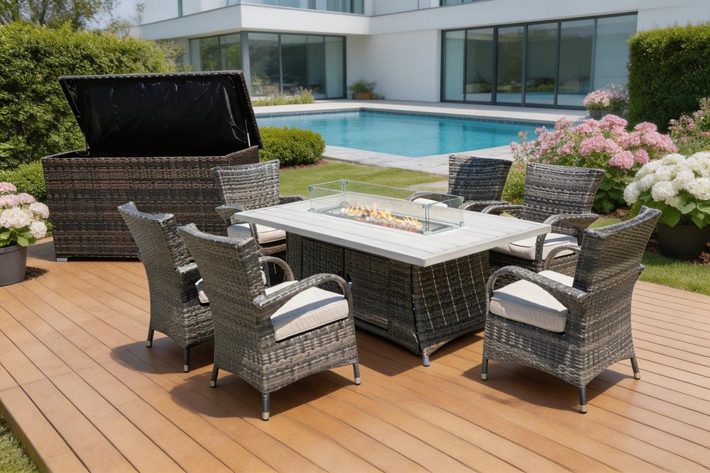 8-Piece Gray Wicker Outdoor Patio Conversation Set with Fire Pit & Table