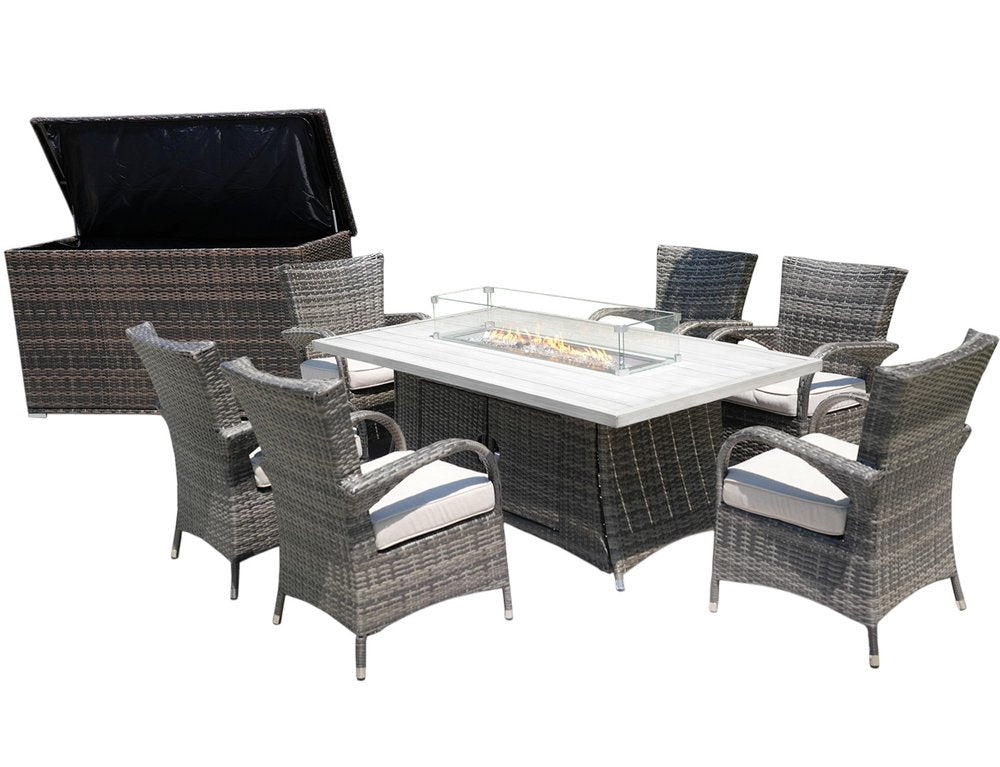 8-Piece Gray Wicker Outdoor Patio Conversation Set with Fire Pit & Table