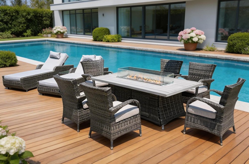10-Piece Gray Wicker Outdoor Patio Conversation Set with Fire Pit & Table
