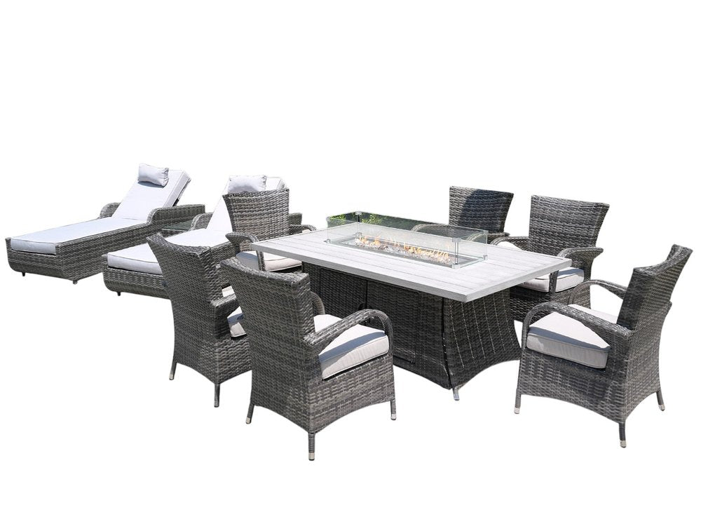 10-Piece Gray Wicker Outdoor Patio Conversation Set with Fire Pit & Table