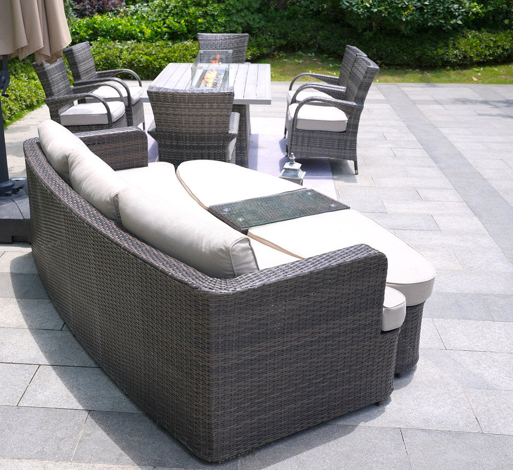 9-Piece Gray Wicker Outdoor Patio Conversation Set with Fire Pit & Table