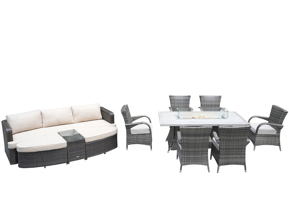 9-Piece Gray Wicker Outdoor Patio Conversation Set with Fire Pit & Table