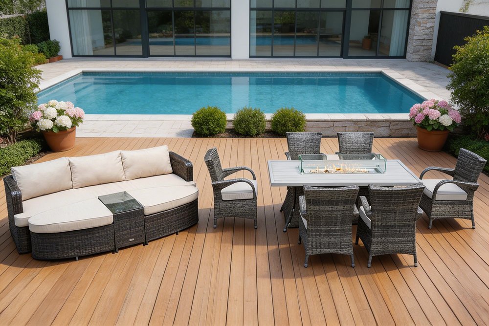 9-Piece Gray Wicker Outdoor Patio Conversation Set with Fire Pit & Table