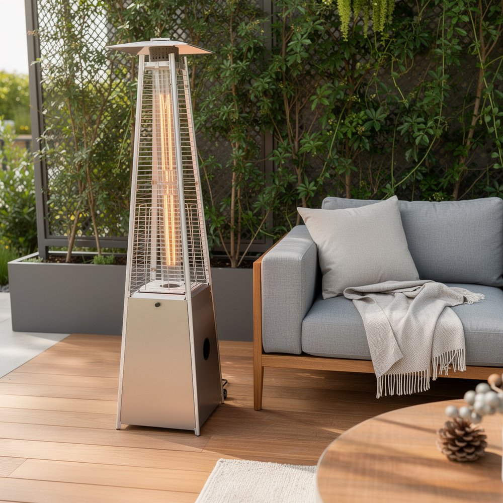 41,000 BTU Silver Propane Patio Heater - Freestanding Pyramid Steel Outdoor Heater