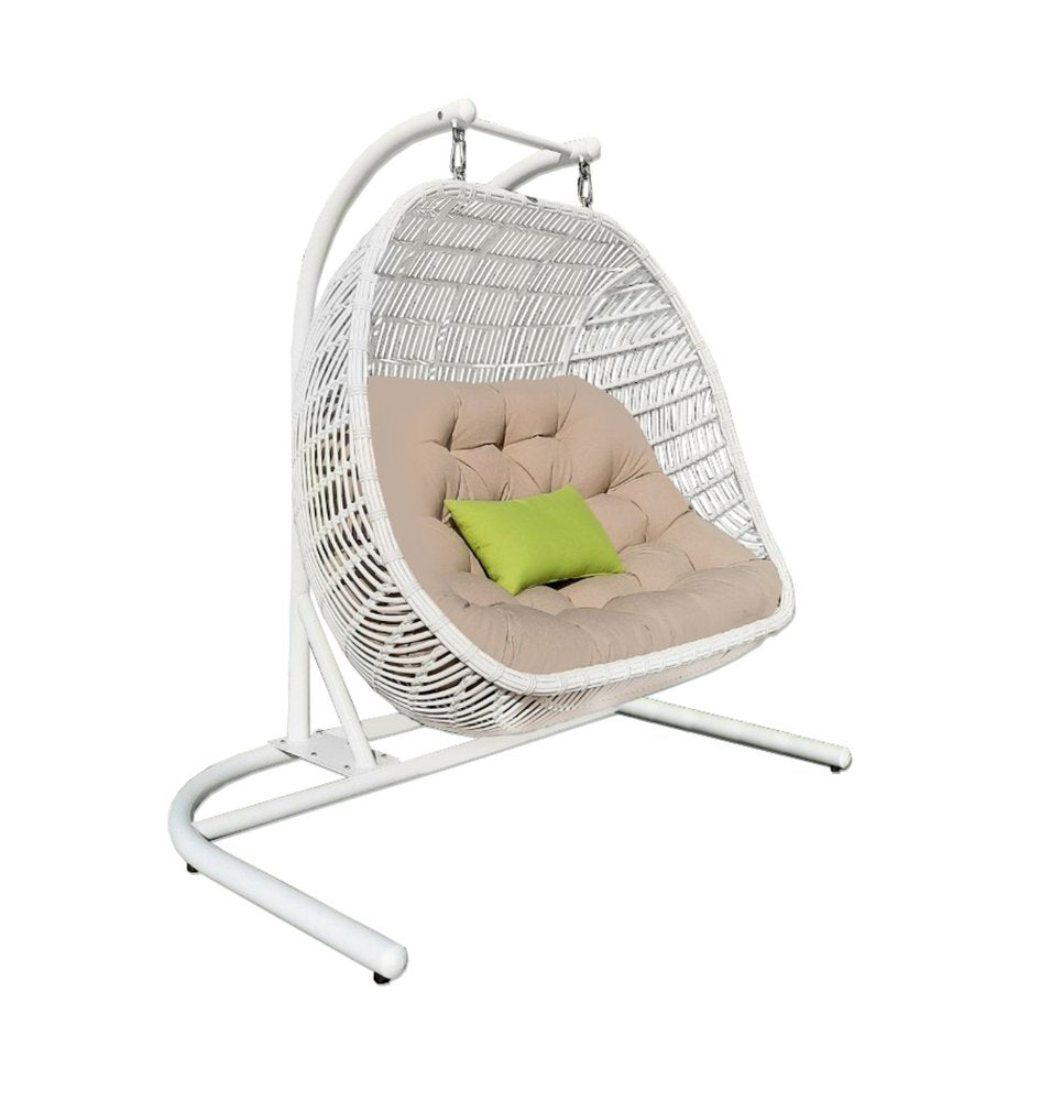 69" Beige and White Metal Indoor/Outdoor Patio Swing Chair with Beige Cushion