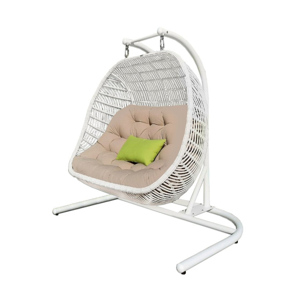 69" Beige and White Metal Indoor/Outdoor Patio Swing Chair with Beige Cushion