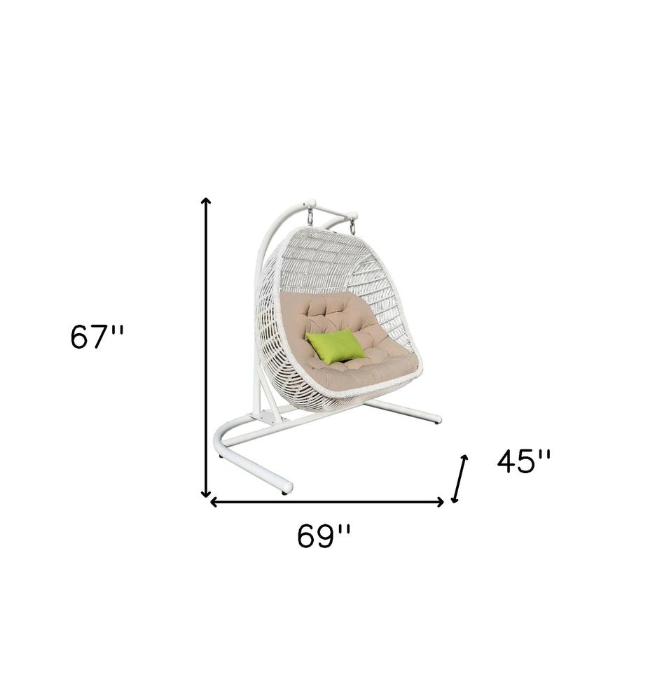 69" Beige and White Metal Indoor/Outdoor Patio Swing Chair with Beige Cushion