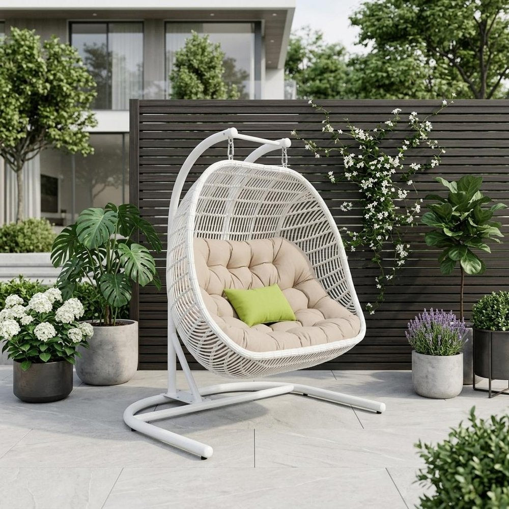 69" Beige and White Metal Indoor/Outdoor Patio Swing Chair with Beige Cushion
