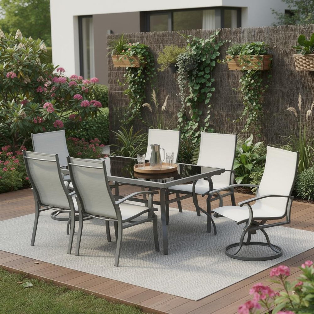 Outdoor Patio 7-Piece Black and Gray Rectangular Glass Dining Set with 6 Chairs