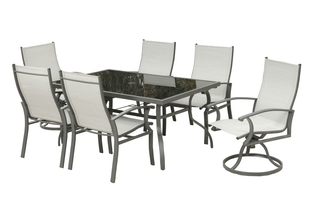 Outdoor Patio 7-Piece Black and Gray Rectangular Glass Dining Set with 6 Chairs