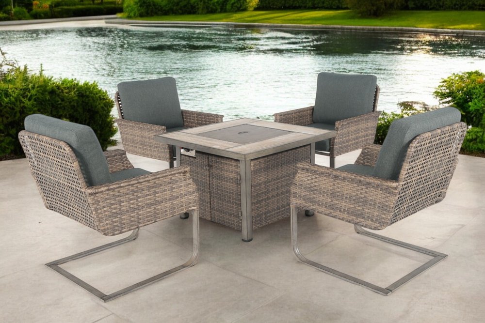 5-Piece Gray and Moss Green Wicker Upholstered Cushions Outdoor Patio Conversation Set with Fire Pit & Table