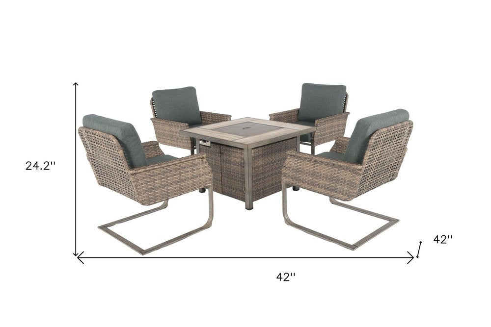 5-Piece Gray and Moss Green Wicker Upholstered Cushions Outdoor Patio Conversation Set with Fire Pit & Table