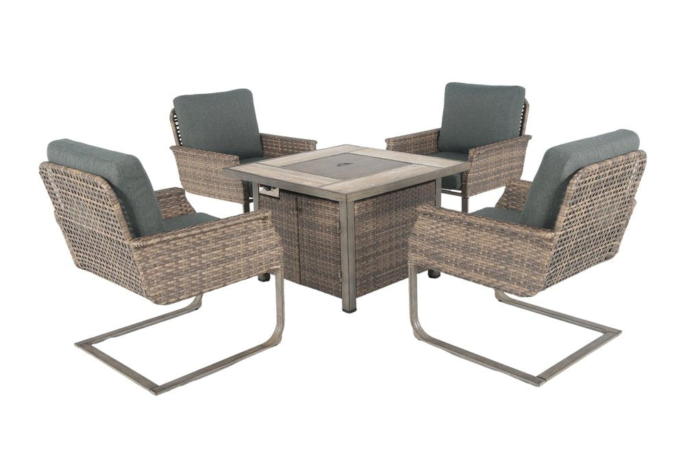 5-Piece Gray and Moss Green Wicker Upholstered Cushions Outdoor Patio Conversation Set with Fire Pit & Table