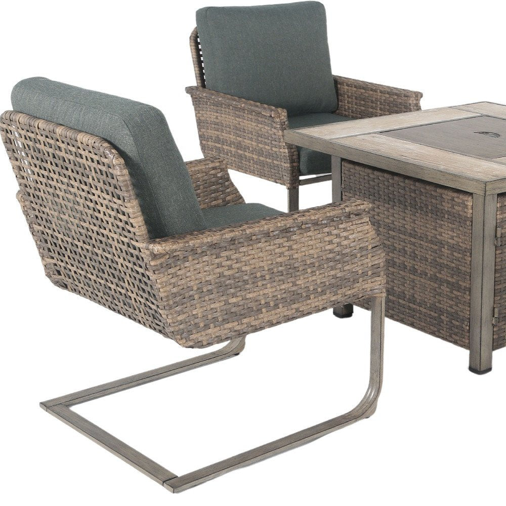 5-Piece Gray and Moss Green Wicker Upholstered Cushions Outdoor Patio Conversation Set with Fire Pit & Table