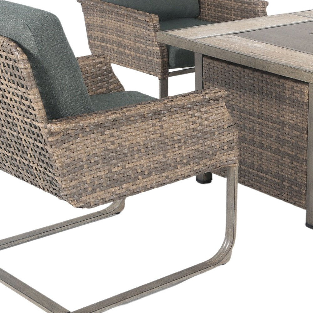 5-Piece Gray and Moss Green Wicker Upholstered Cushions Outdoor Patio Conversation Set with Fire Pit & Table