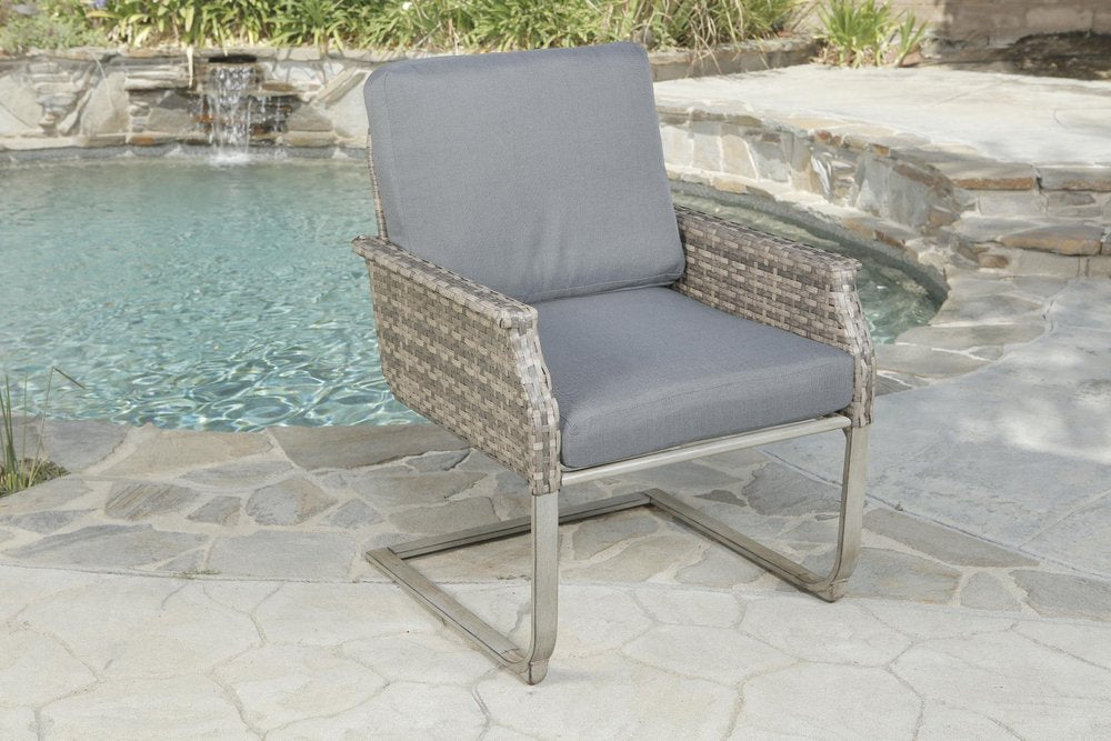 5-Piece Gray and Moss Green Wicker Upholstered Cushions Outdoor Patio Conversation Set with Fire Pit & Table