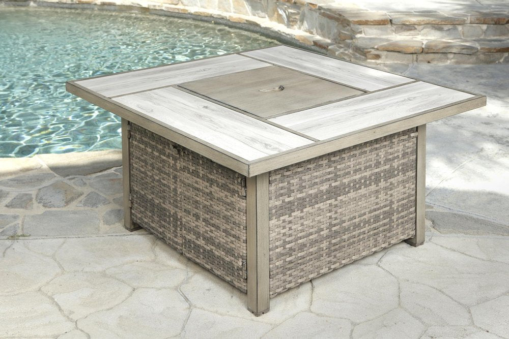5-Piece Gray and Moss Green Wicker Upholstered Cushions Outdoor Patio Conversation Set with Fire Pit & Table