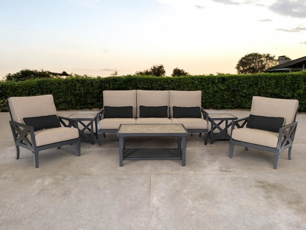 6-Piece Gray Metal Outdoor Patio Sectional Conversation Set with Table