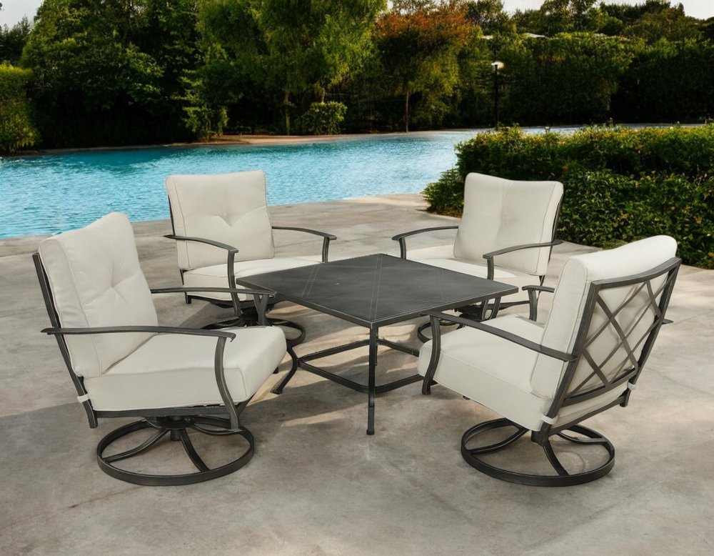 5-Piece Black and Gray Metal Outdoor Patio Conversation Set with Table