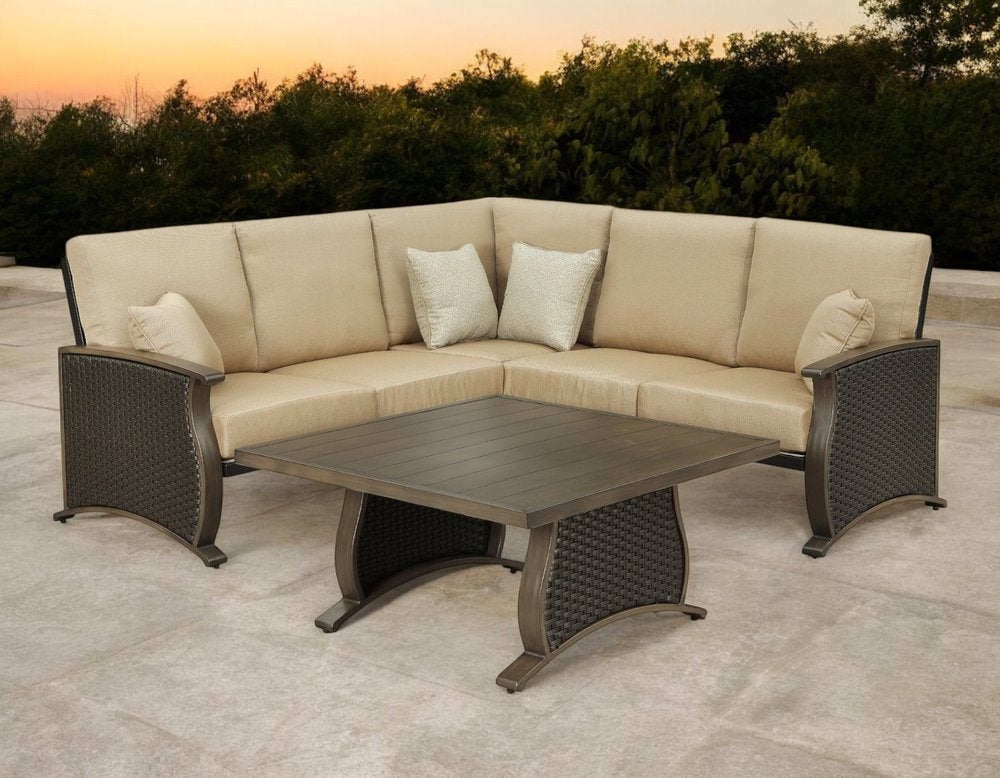 2-Piece Brown and Tan Metal Outdoor Patio Sectional Conversation Set with Table